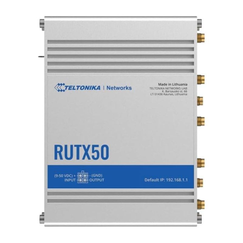 تيليتونيكا نتوركس RUTX50 راوتر صناعي بتقنية 5G مزود بشريحتي اتصال (Dual SIM)، وWi-Fi 5، ومنافذ جيجابت إيثرنت.