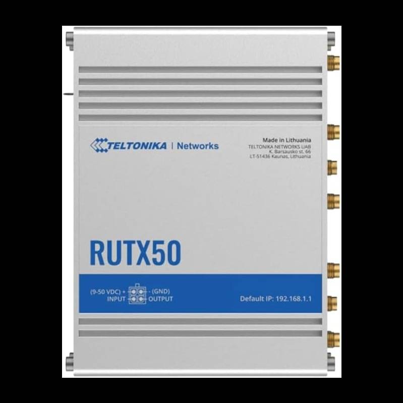 تيليتونيكا نتوركس RUTX50 راوتر صناعي بتقنية 5G مزود بشريحتي اتصال (Dual SIM)، وWi-Fi 5، ومنافذ جيجابت إيثرنت.