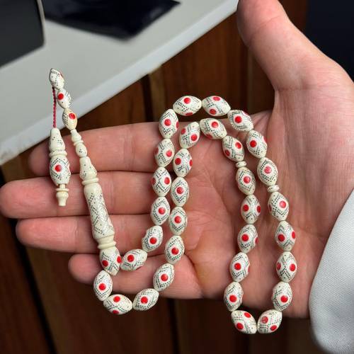 White Koka Misbaha – Silver & Red Accents