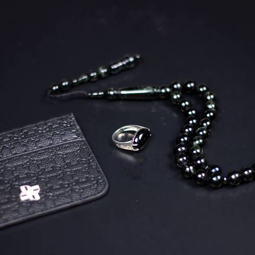 Al-Wasm Set – Men’s Ring & Misbah 925 Silver Black Agate