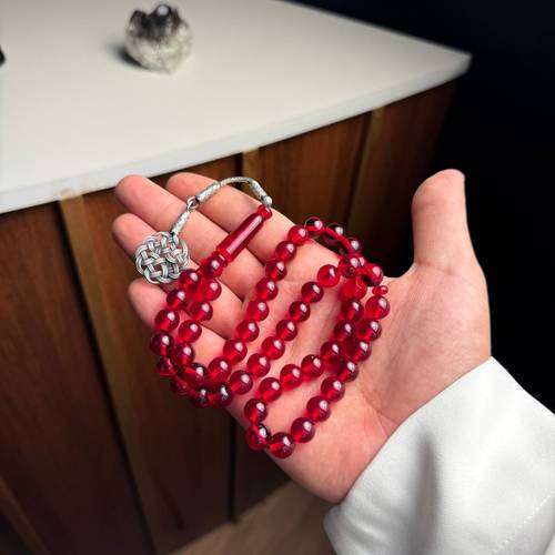 سبحة فاتوران أحمر بطربزونة فضة عيار 999-51 خرزه -35