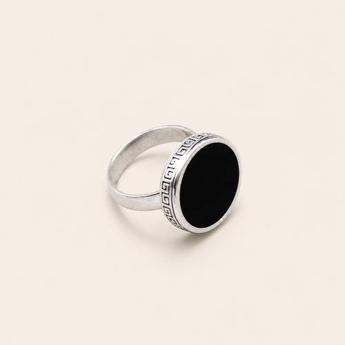 Oval Greek Engraved Royal Ring - 925 Silver with Black Stone