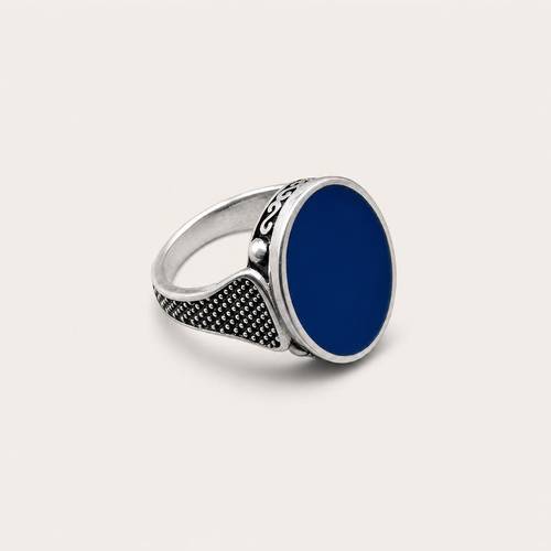 Classic Royal Ring with Engravings - 925 Silver with Blue Stone