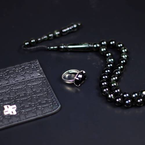 Al-Simah Royal Set – Men’s Ring & Misbah 925 Silver Black Agate