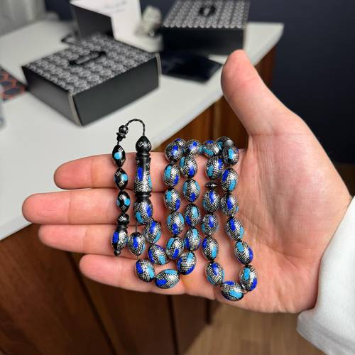 Natural Kuka Misbaha with Silver & Blue Touches
