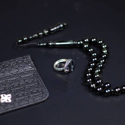 Al-Athar Royal Set – Men’s Ring & Misbah 925 Silver Black Agate