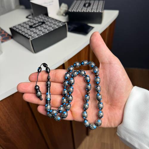 Natural Kuka Misbaha with Silver & Blue Touches