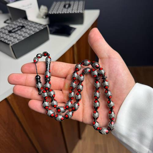 Black Kuka Misbaha with Silver and Red Accents