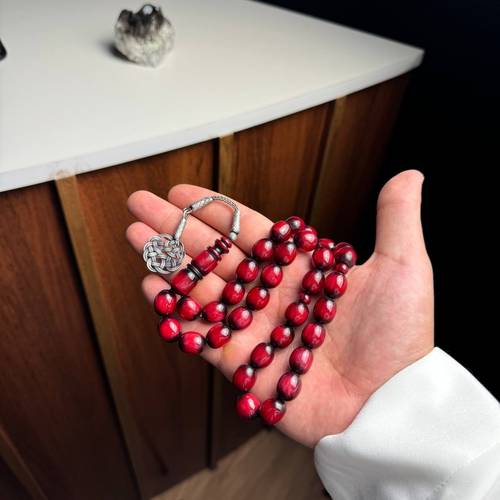سبحة فاتوران أحمر بطربزونة فضة عيار 999 -33 خرزه-17