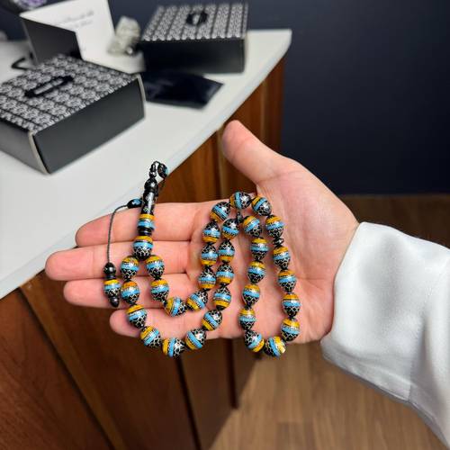 Black Kuka Misbaha with Silver, Blue & Yellow Accents