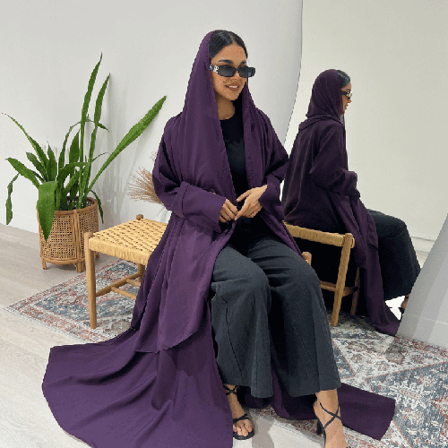 عباية كريب باربي نص كلوش باللون البنفسجي الغامق