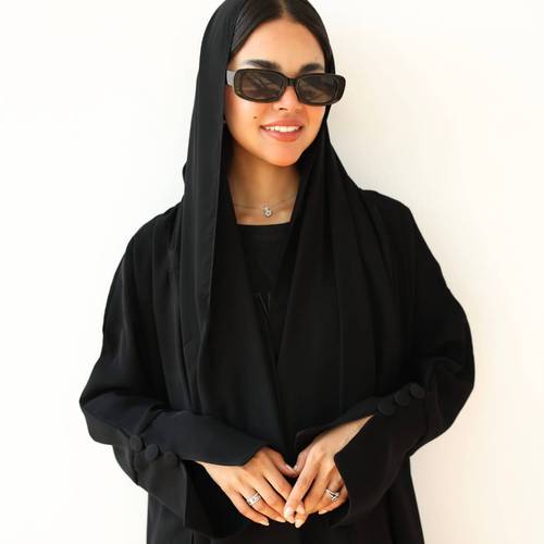 عباية دبل كلوش قماش كريب سراميك أسود فاحم ( عبايه وفاء)