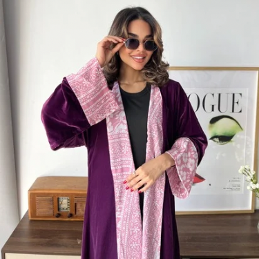 عباية شتوية بنفسجي بأكمام شيفون مشجر  ( عباية ديم بنفسجي )