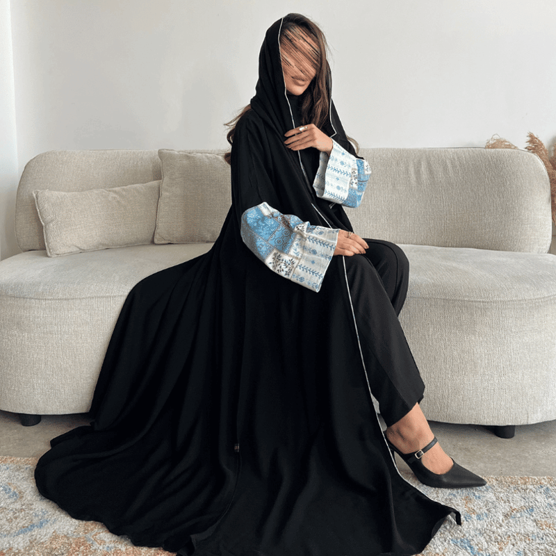 Royal Crepe Abaya with Luxe Folded Indian Linen Sleeves(Samar abaya)