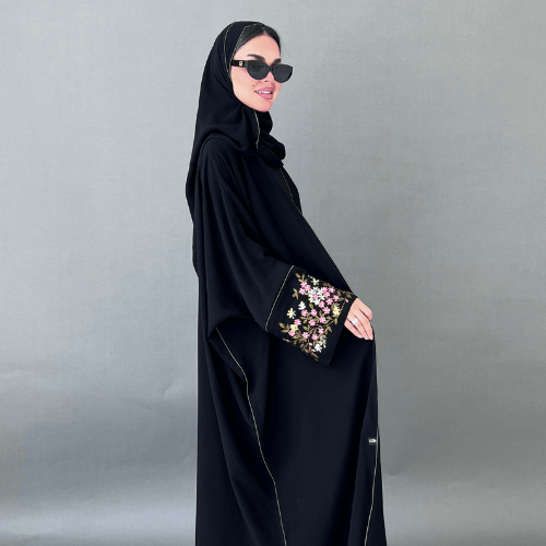 عباية بشت سوداء بتحديد زيتي وأكمام شك يدوي راقي  (عباية هيفاء)