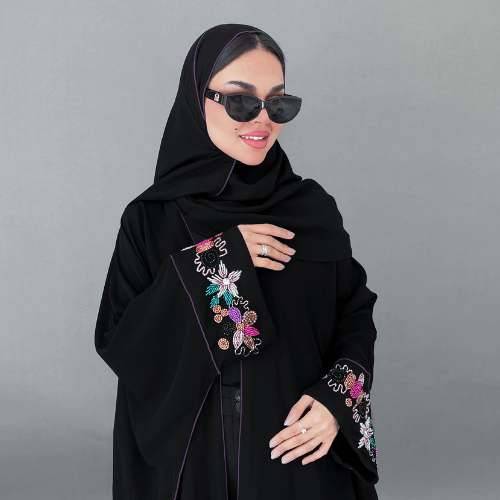 عباية بشت سوداء بتحديد موف وأكمام شك يدوي راقي (عباية حلا)