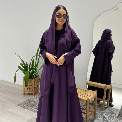 عباية كريب باربي نص كلوش باللون البنفسجي الغامق