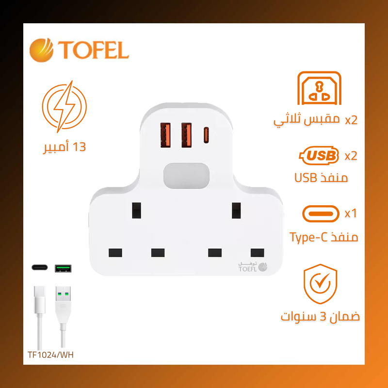 Wall socket with 2 three-pin outlets + 2 USB ports + Type-C port