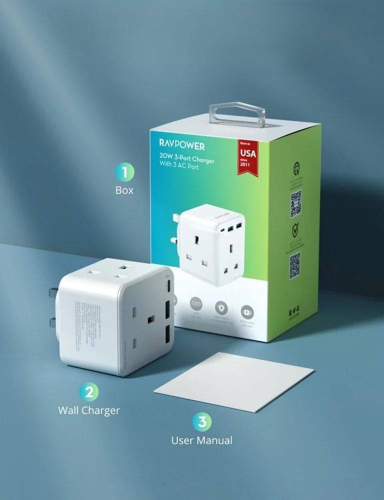 رأس جداري 3 مداخل طاقه مع منفذين USB ومنفذ Type C بتقنية RAVPOWER  PD بقوة 20W