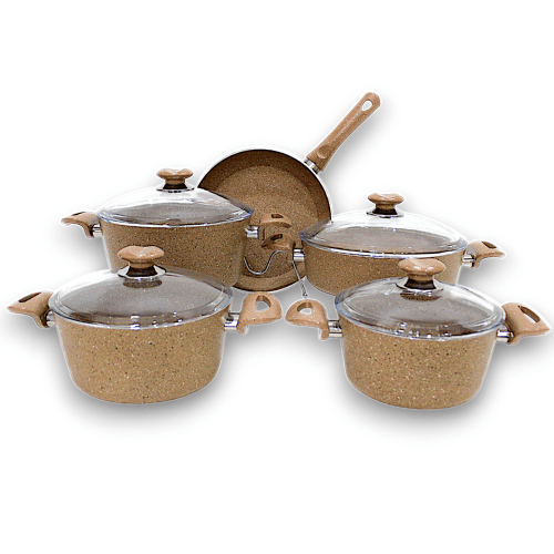 9 PCs Dark Brown Granite Cookware Set