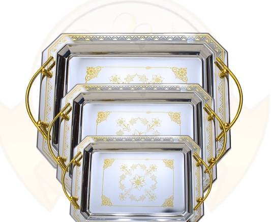 3-Piece Stainless Steel Rectangular Serving Tray Set, Silver with Gold