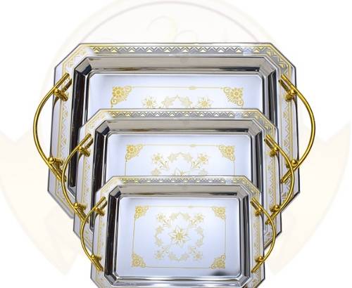 3-Piece Stainless Steel Rectangular Serving Tray Set, Silver with Gold