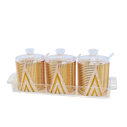 3-Piece Gold-Patterned Acrylic Spice Jar Set with Serving Tray and Spoons