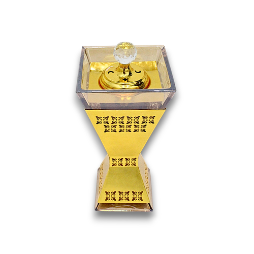 Alnokhba Crystal & Gold Luxury Bakhoor Burner – Square Pyramid Design with Ornate Pattern