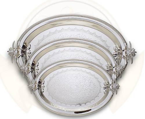  Luxury 3-Piece Silver Serving Tray Set with Iconic Saudi Emblem Handles.