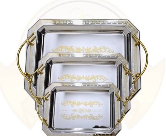 3-Piece Stainless Steel Rectangular Serving Tray Set, Silver with Gold