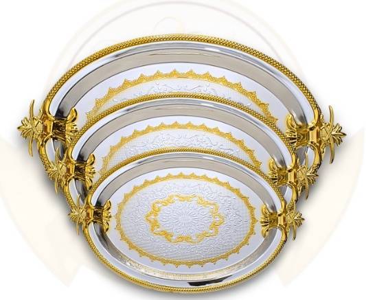 3-Piece Oval Stainless Steel Serving Tray Set with Gilded Gold Accents and Ornate Handles.