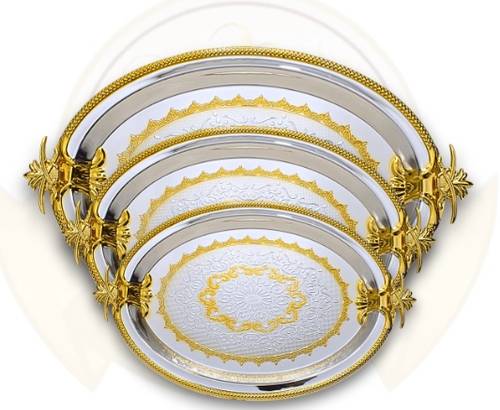 3-Piece Oval Stainless Steel Serving Tray Set with Gilded Gold Accents and Ornate Handles.