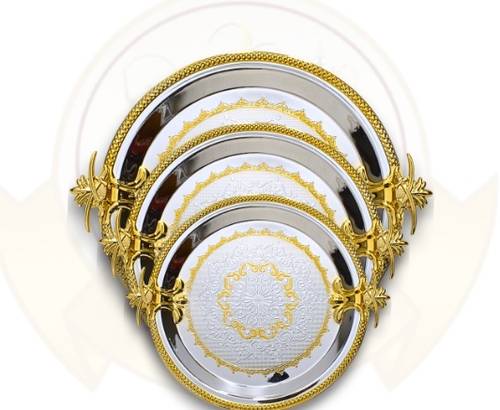 Luxury 3pc Round Silver & Gold Serving Tray Set