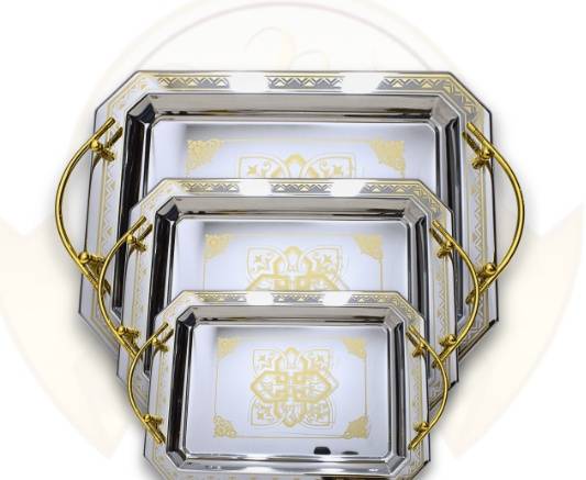 3-Piece Stainless Steel Rectangular Serving Tray Set, Silver with Gold