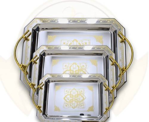 3-Piece Stainless Steel Rectangular Serving Tray Set, Silver with Gold