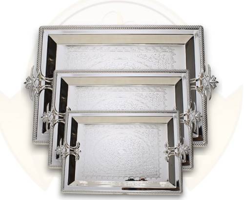 Luxury 3-Piece Rectangular Silver Serving Tray Set with Gilded Saudi Emblem Handles.