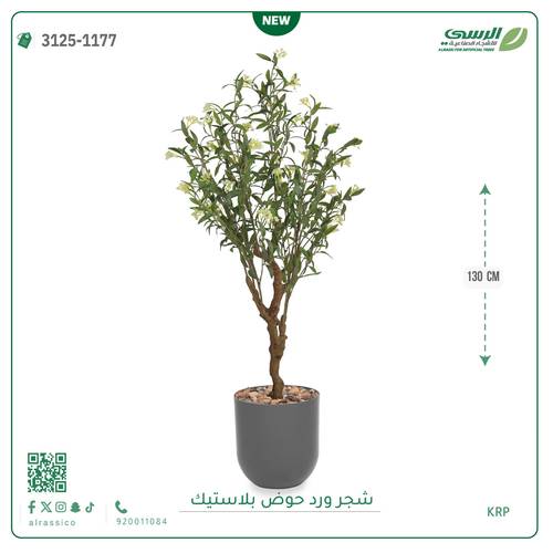 شجرة زيتون مزهرة اصطناعية ( ارتفاع 130 سم ) حوض بلاستيك اسطواني