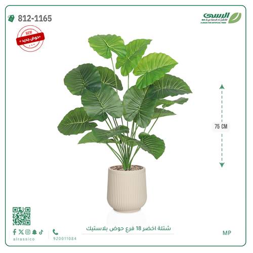 شتلة ورق أخضر صناعية ( ارتفاع 75 سم ) حوض بلاستيك مقلم