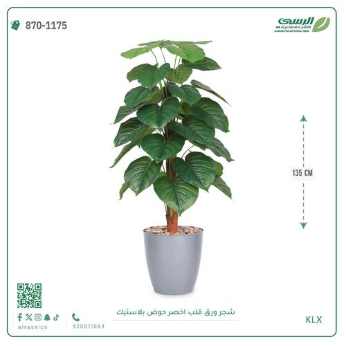 شجرة ورق قلب اصطناعية ( ارتفاع 135 سم ) حوض بلاستيك