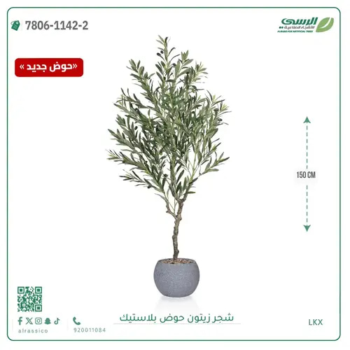 شجرة زيتون صناعية ( ارتفاع 150 سم ) حوض بلاستيك
