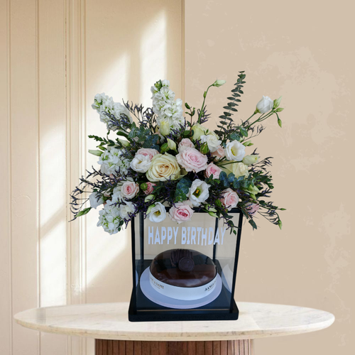 Prism Luxury Birthday Set - Aani & Dani Cake with Floral Acrylic Box