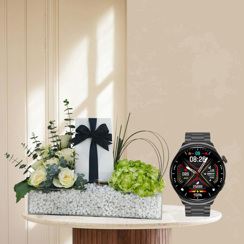 Tech & Elegance Set - Advanced Smartwatch with Premium White Floral Arrangement