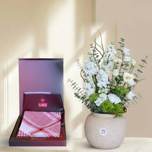 Distinction Mark Set - Natural White Flower Vase with Luxury Shemagh