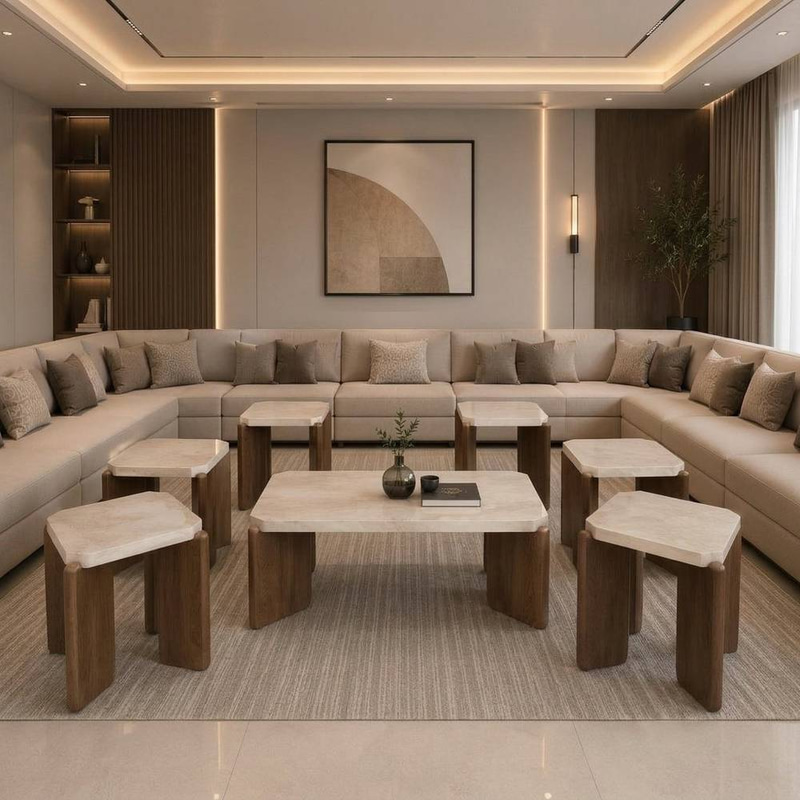 طقم طاولات قهوة 7 قطع (6+1) بتصميم عصري بيج مع خشبي