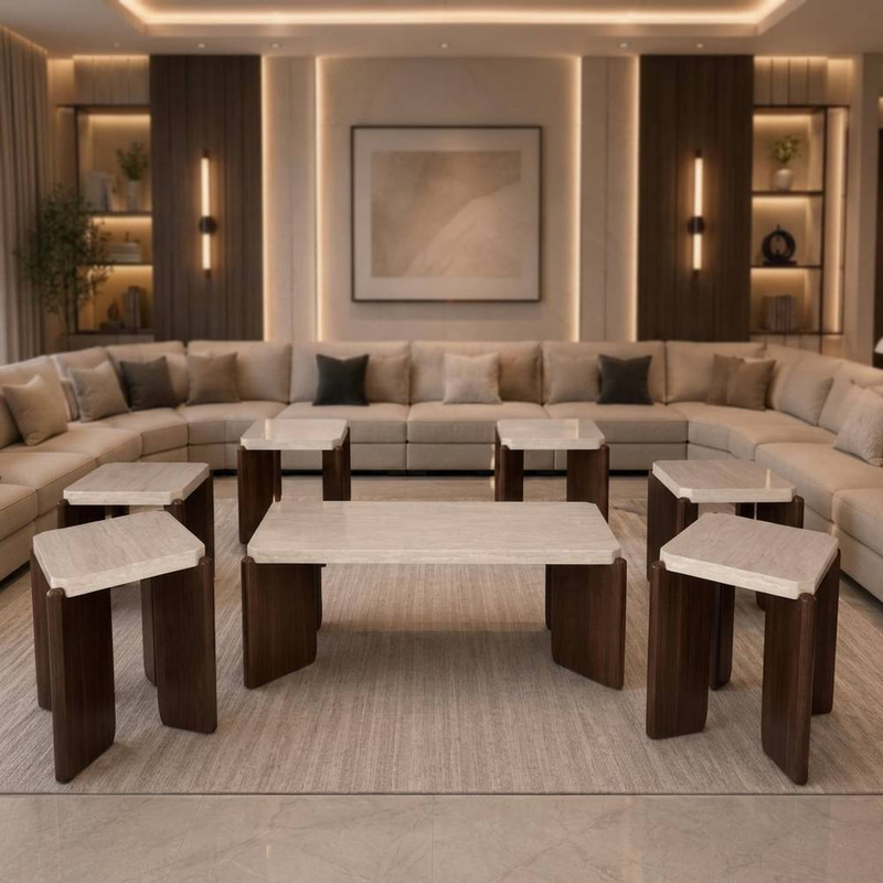 طقم طاولات قهوة 7 قطع (6+1) بتصميم عصري ثلجي مع بني