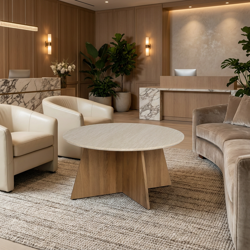 طاولة قهوة دائرية بتصميم هندسي - سطح رخامي وقاعدة خشبية