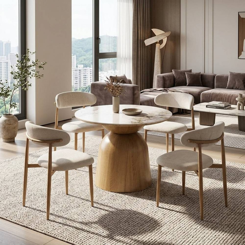 طاولة طعام سيراميك دائري 4 كرسي M-029 WHITE/WOOD