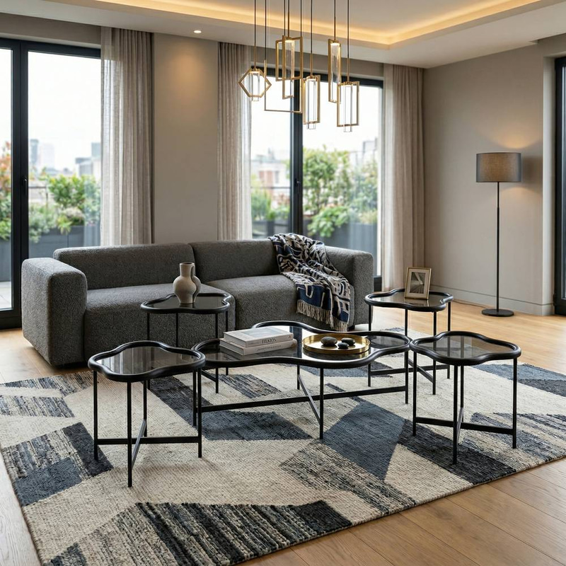 طقم طاولات 4+1 سطح زجاج لمسة فنية عصرية لمنزلك