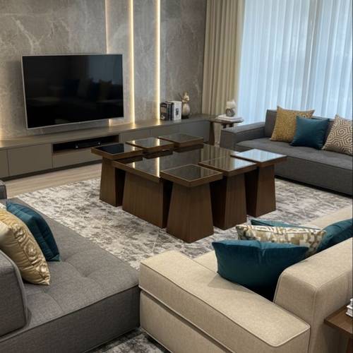 طقم طاولات خشب بسطح زجاج 6+1 بتصميم عملي وعصري اللون خشبي فاتح