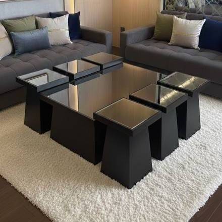 طقم طاولات مجلس خشب بسطح مرايه 6+1 اسود